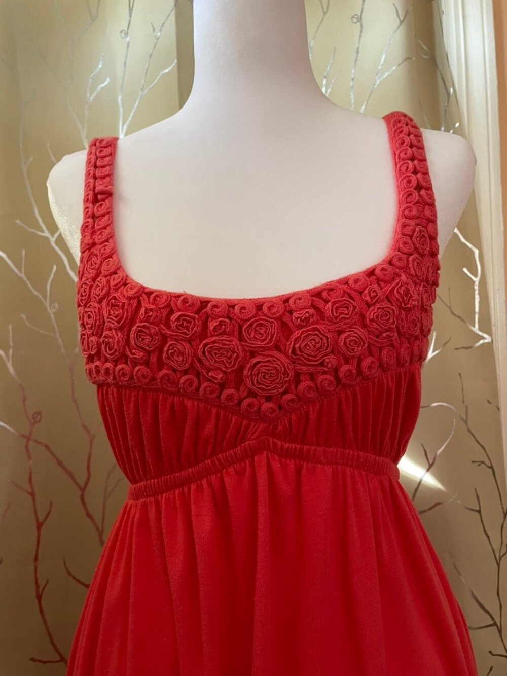 Sundress w Embellished Bodice in Hot Coral - Pockets, Knee-length